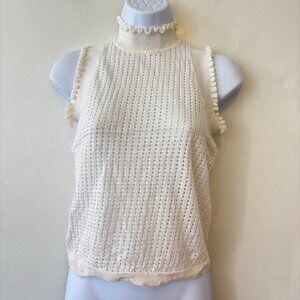 Y2K BCBGMaxAzria Ivory Sleeveless Mock Neck Top Womens XXS Sheer Eyelet